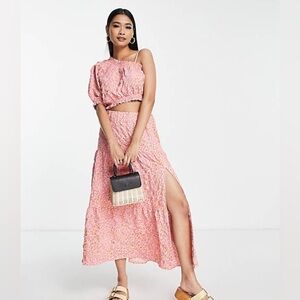 Vero Moda Textured Off Shoulder top and midi skirt Pink leopard print Sundress